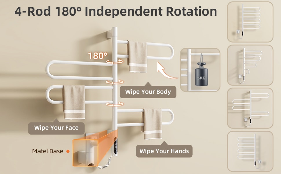 SIOYIE Electric Towel Warmer 180° Rotating Heated Towel Rack With 1-9H Timer 115℉-155℉,135W Wall-Mounted 8 Bars Electric Towel Rail, Concealed Installation,Towel Warmer For Bathroom White_voghion.com